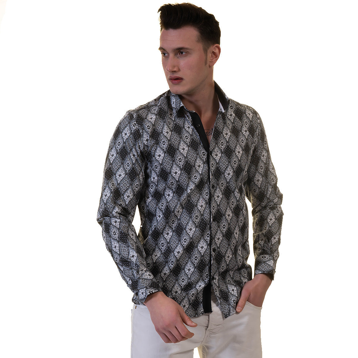 Black and White Mens Slim Fit Designer Dress Shirt - tailored Cotton