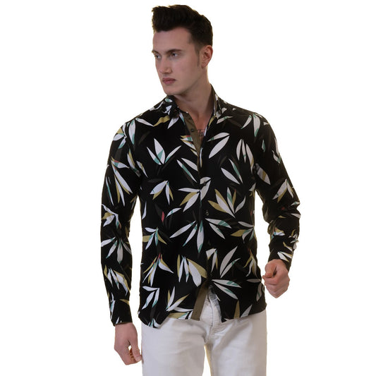 Black Floral Mens Slim Fit Designer Dress Shirt - tailored Cotton