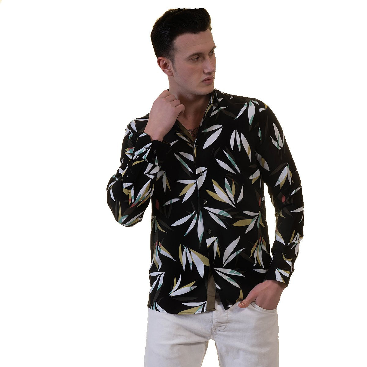 Black Floral Mens Slim Fit Designer Dress Shirt - tailored Cotton