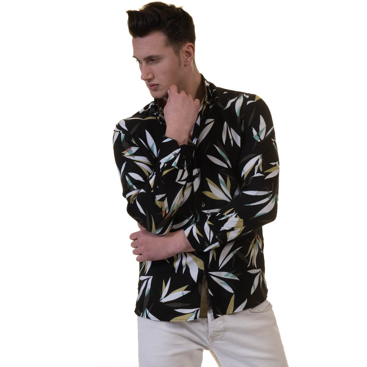 Black Floral Mens Slim Fit Designer Dress Shirt - tailored Cotton