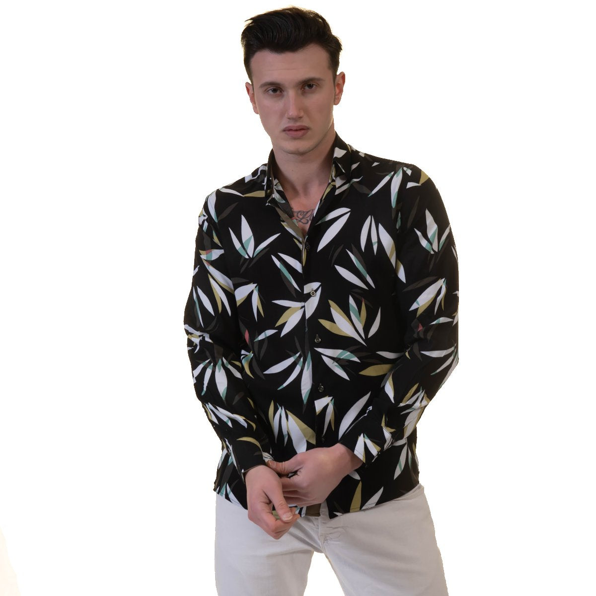 Black Floral Mens Slim Fit Designer Dress Shirt - tailored Cotton
