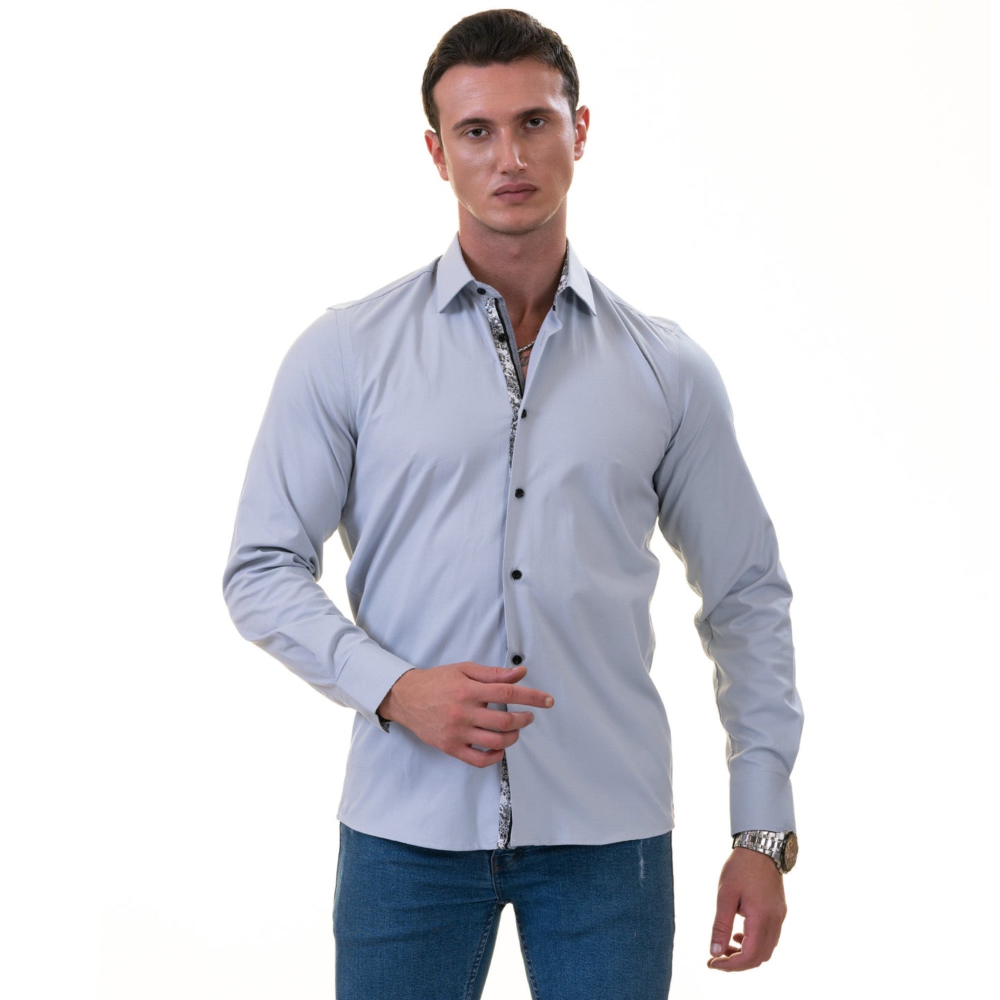 Gray inside Floral Men's  Slim Fit Designer Dress Shirt - Tailored