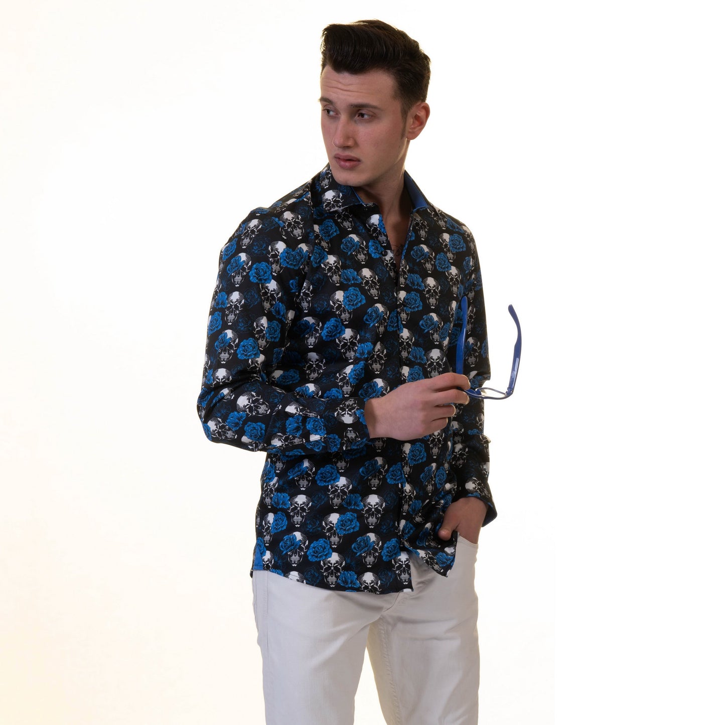 Black White Blue Skulls Mens Slim Fit Designer French Cuff Shirt -