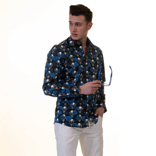 Black White Blue Skulls Mens Slim Fit Designer French Cuff Shirt -