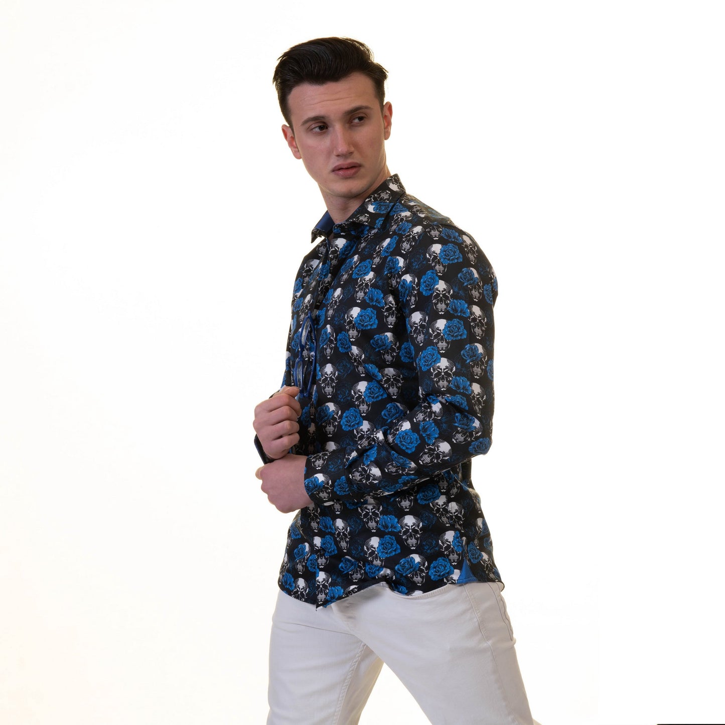 Black White Blue Skulls Mens Slim Fit Designer French Cuff Shirt -