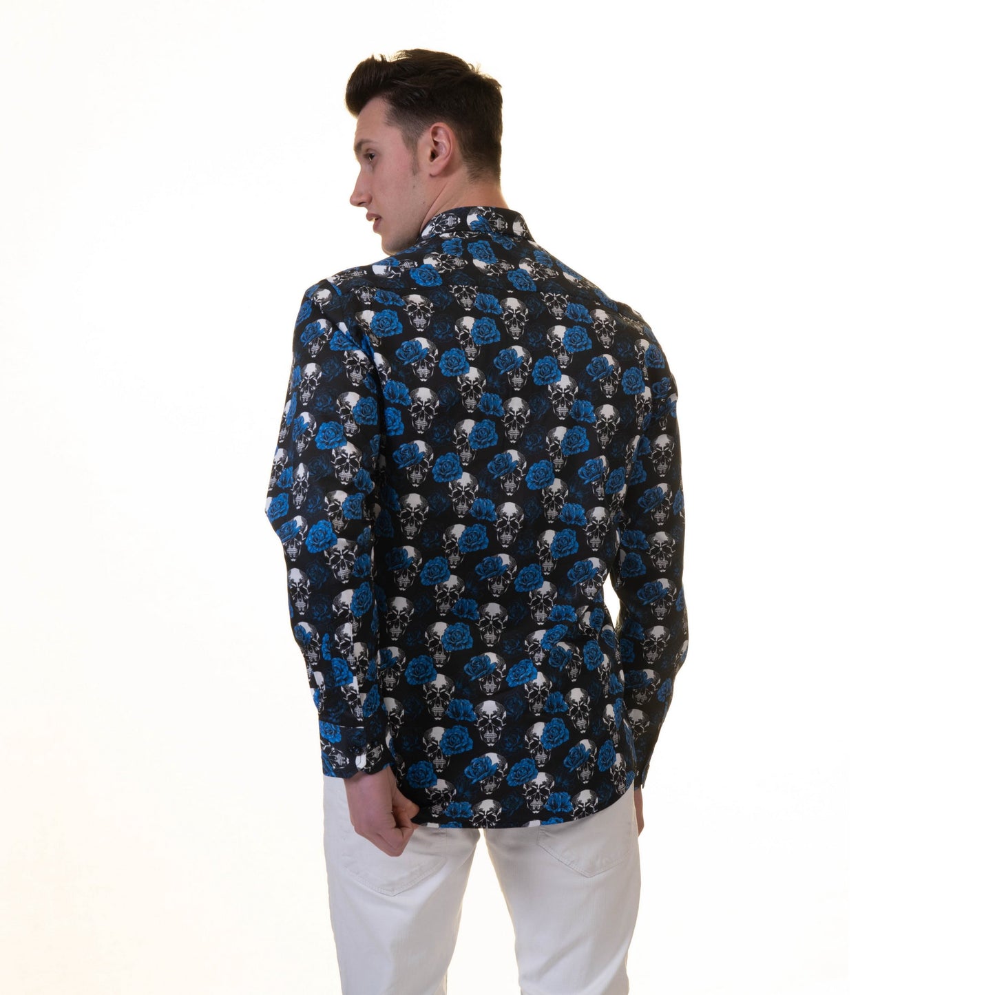 Black White Blue Skulls Mens Slim Fit Designer French Cuff Shirt -