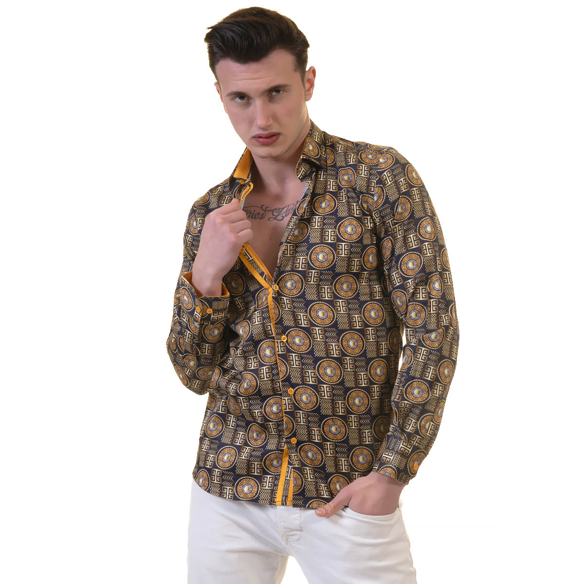 Black And Gold Greek Key Mens Slim Fit Designer Dress Shirt - tailored