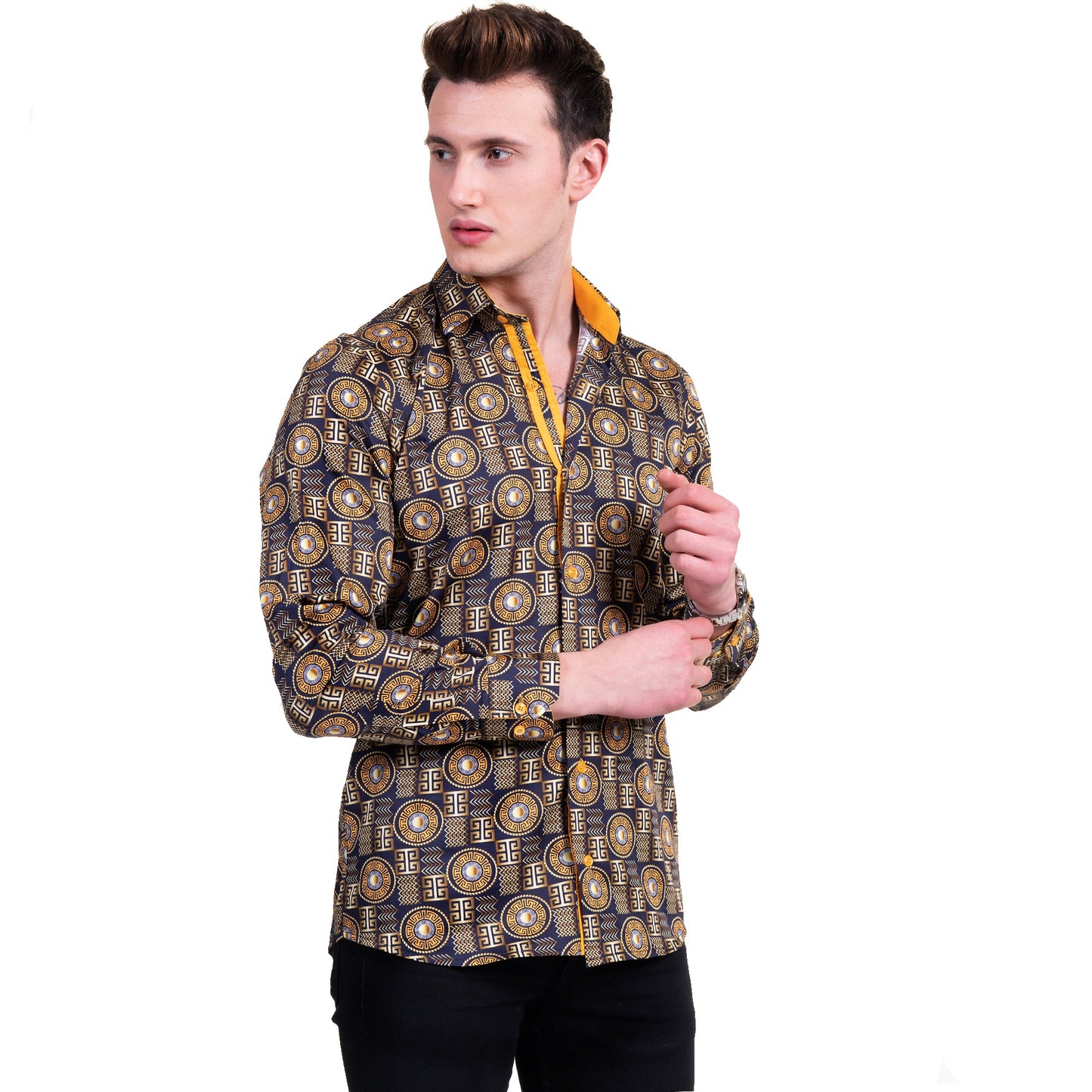 Black And Gold Greek Key Mens Slim Fit Designer Dress Shirt - tailored