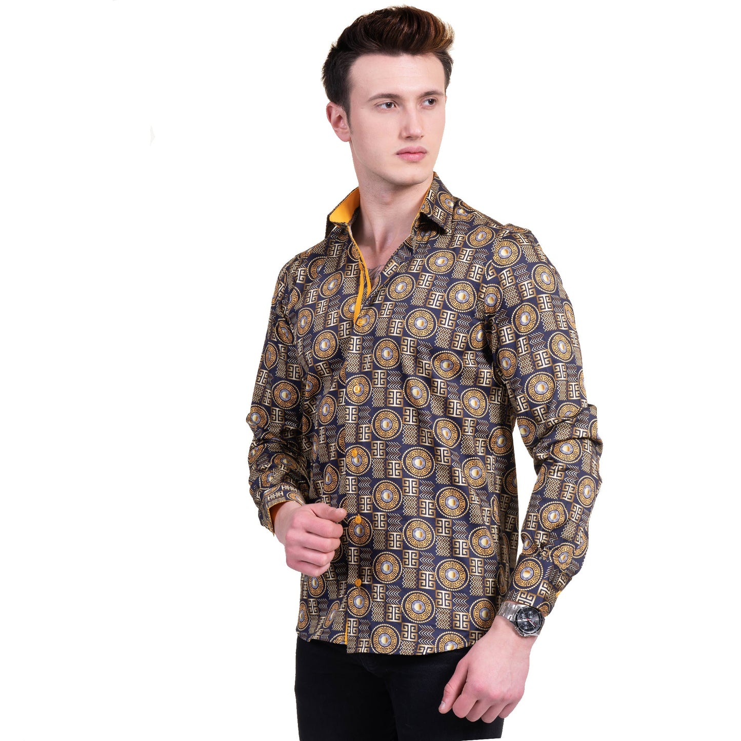 Black And Gold Greek Key Mens Slim Fit Designer Dress Shirt - tailored