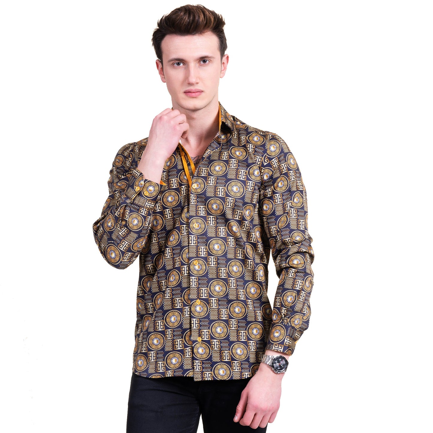 Black And Gold Greek Key Mens Slim Fit Designer Dress Shirt - tailored