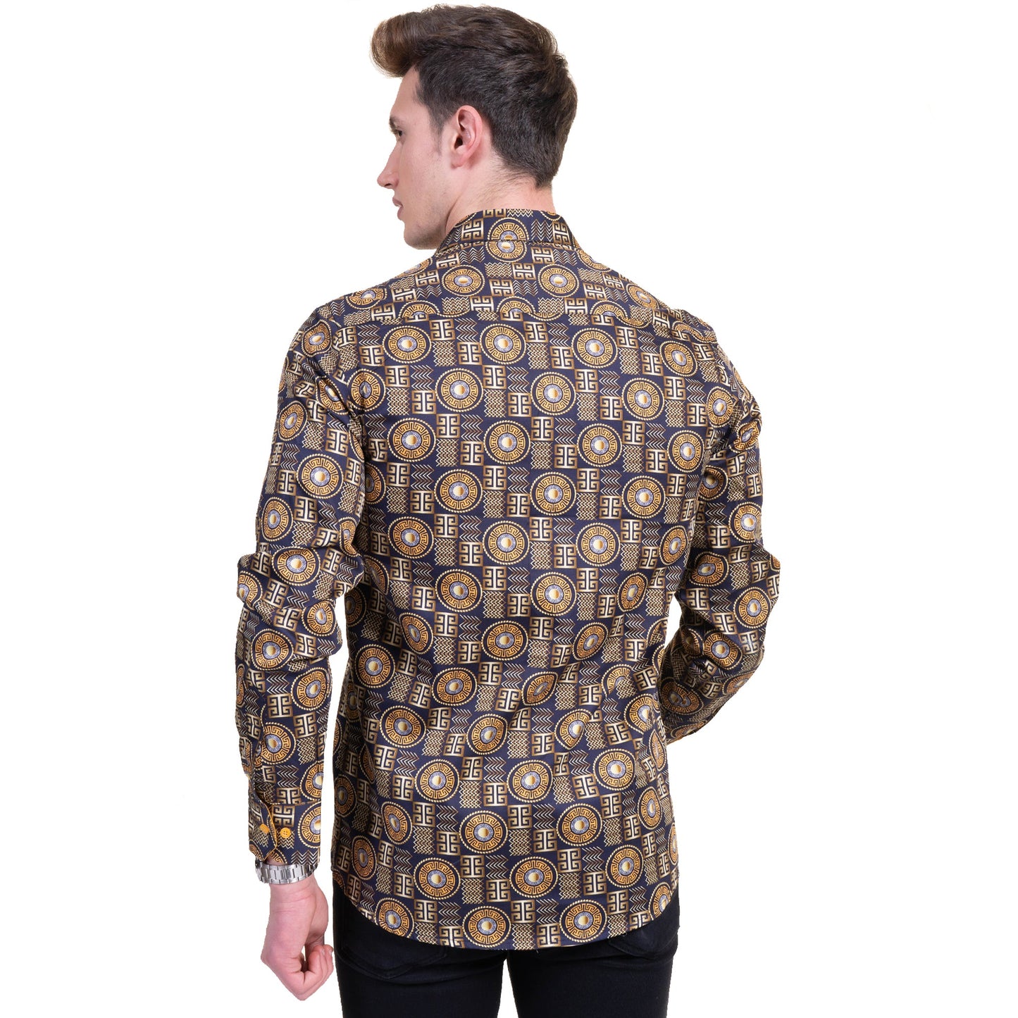 Black And Gold Greek Key Mens Slim Fit Designer Dress Shirt - tailored