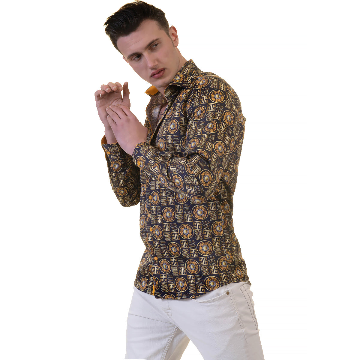 Black And Gold Greek Key Mens Slim Fit Designer Dress Shirt - tailored