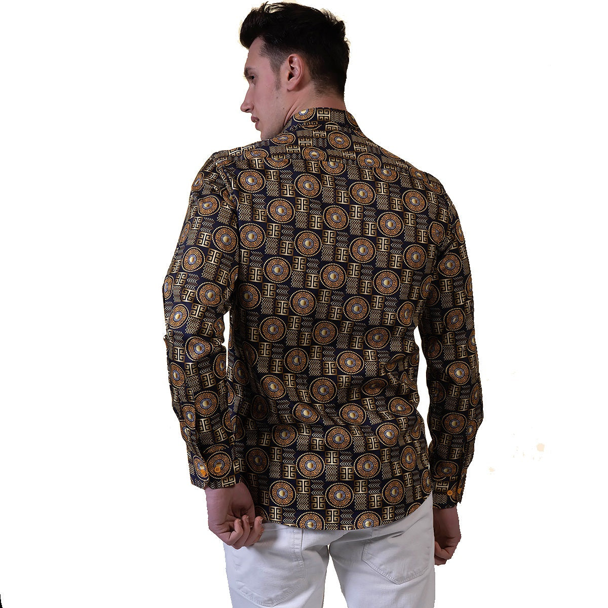Black And Gold Greek Key Mens Slim Fit Designer Dress Shirt - tailored