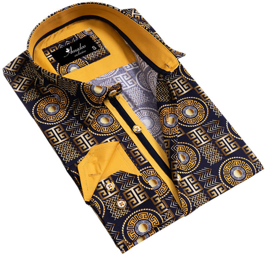 Black And Gold Greek Key Mens Slim Fit Designer Dress Shirt - tailored