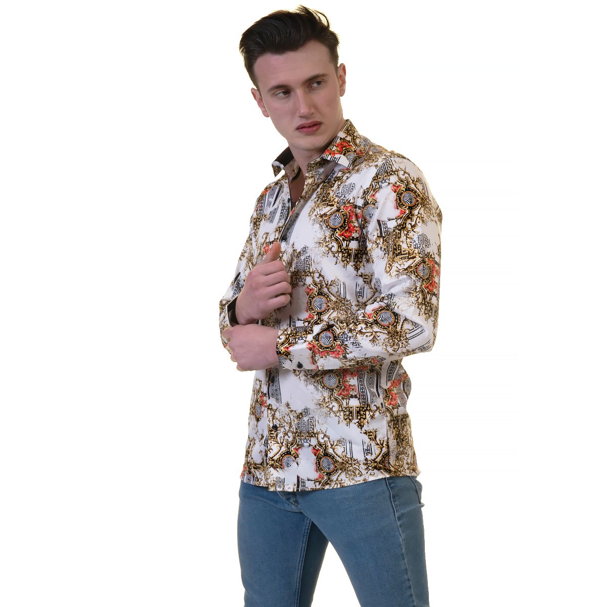 White Black Medusa Greek Key Mens Slim Fit Designer Dress Shirt -