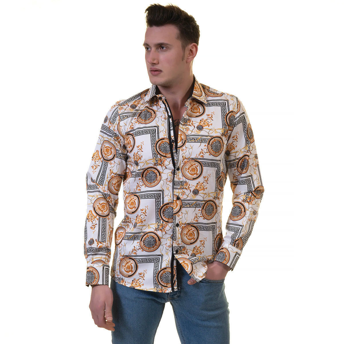 White And Gold Medusa Greek Key Mens Slim Fit Designer Dress Shirt -