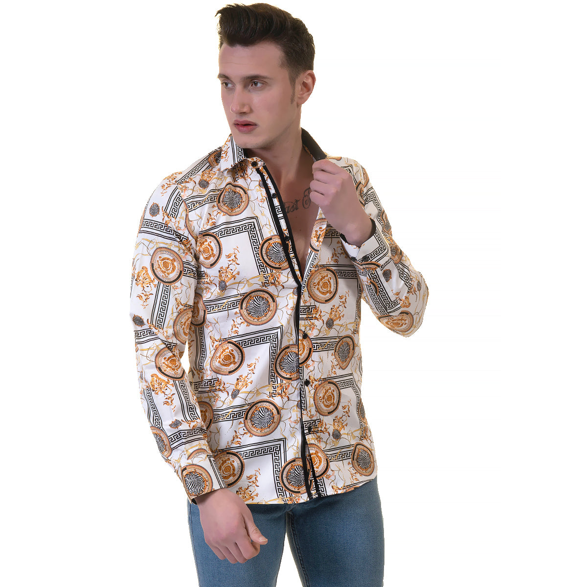 White And Gold Medusa Greek Key Mens Slim Fit Designer Dress Shirt -