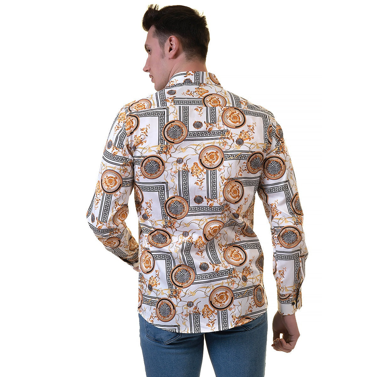 White And Gold Medusa Greek Key Mens Slim Fit Designer Dress Shirt -