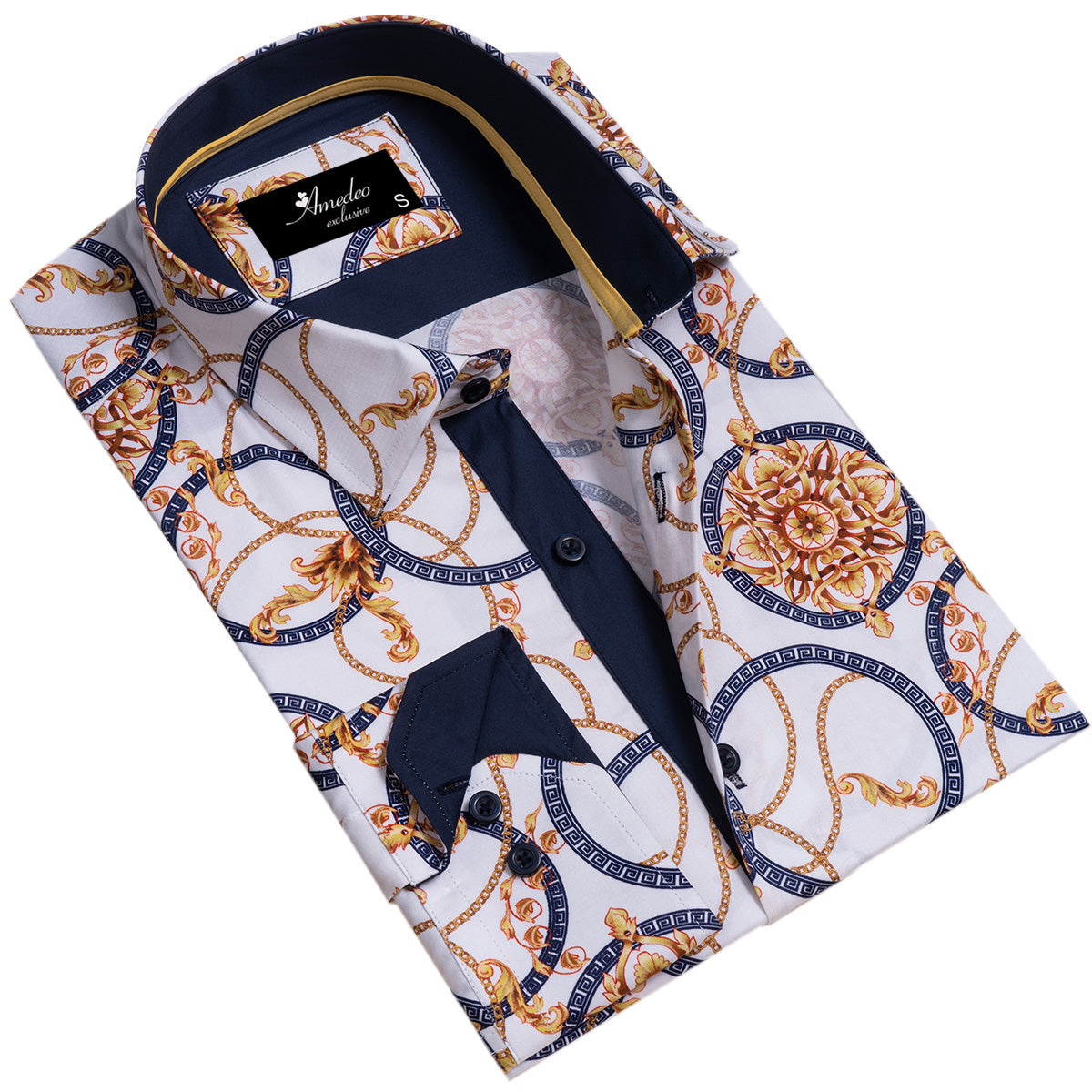 White And Gold Medusa Head Mens Slim Fit Designer Dress Shirt -