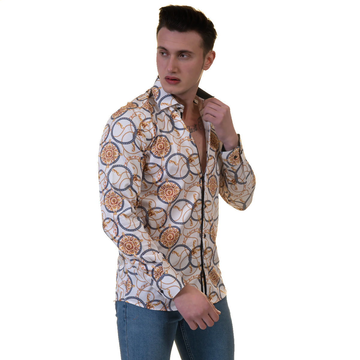 White And Gold Medusa Head Mens Slim Fit Designer Dress Shirt -