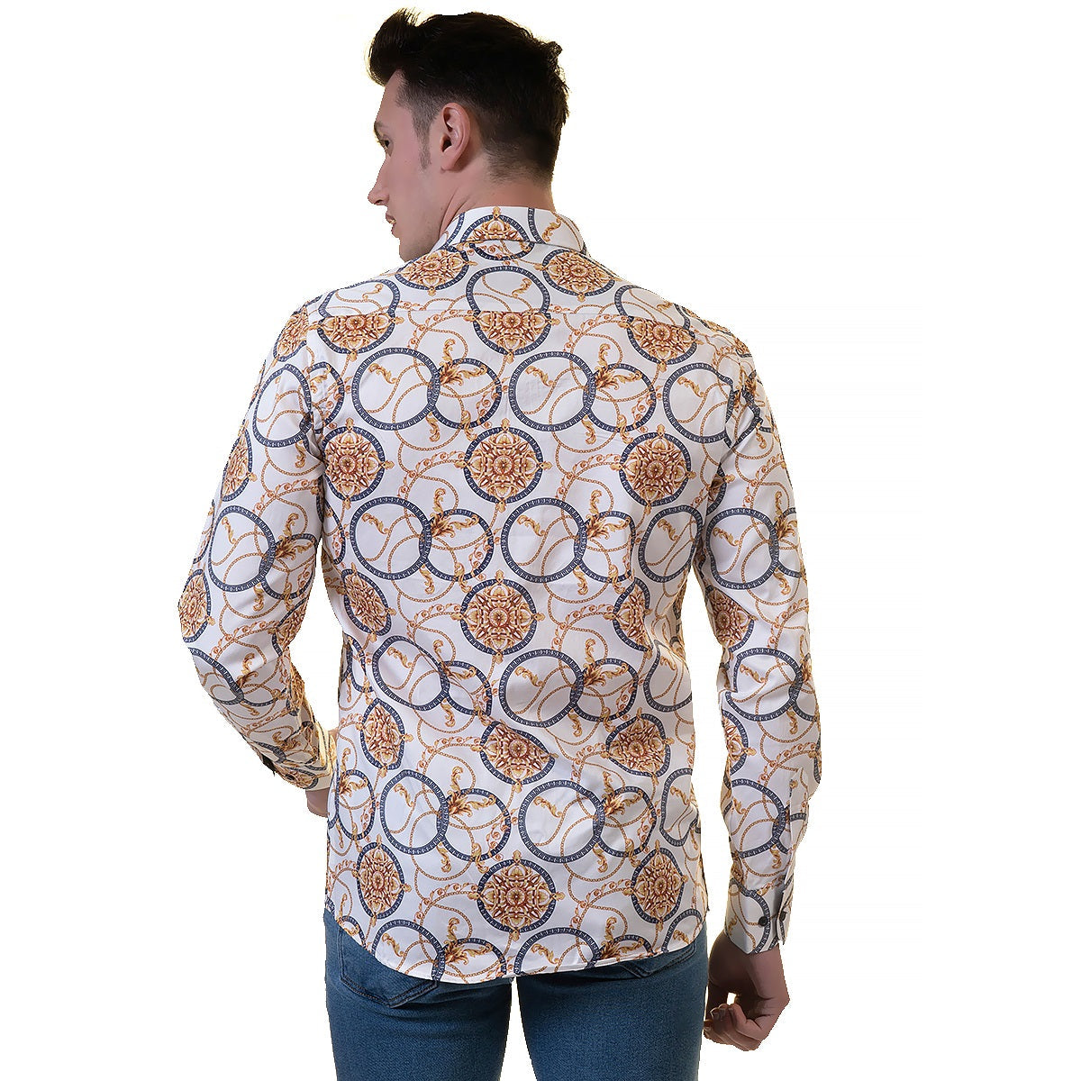 White And Gold Medusa Head Mens Slim Fit Designer Dress Shirt -