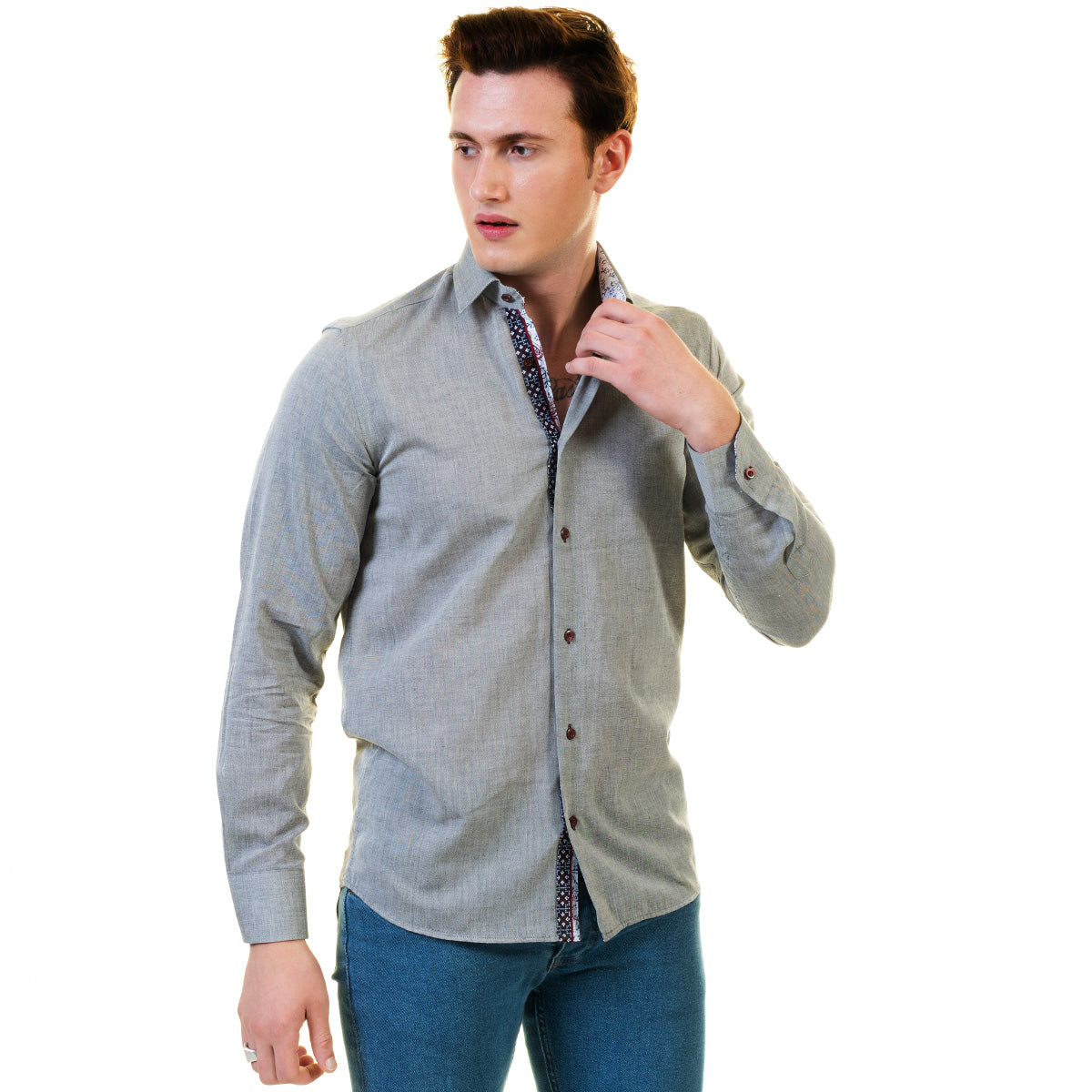 Pastel Grey Mens Slim Fit Designer Dress Shirt - Tailored Cotton