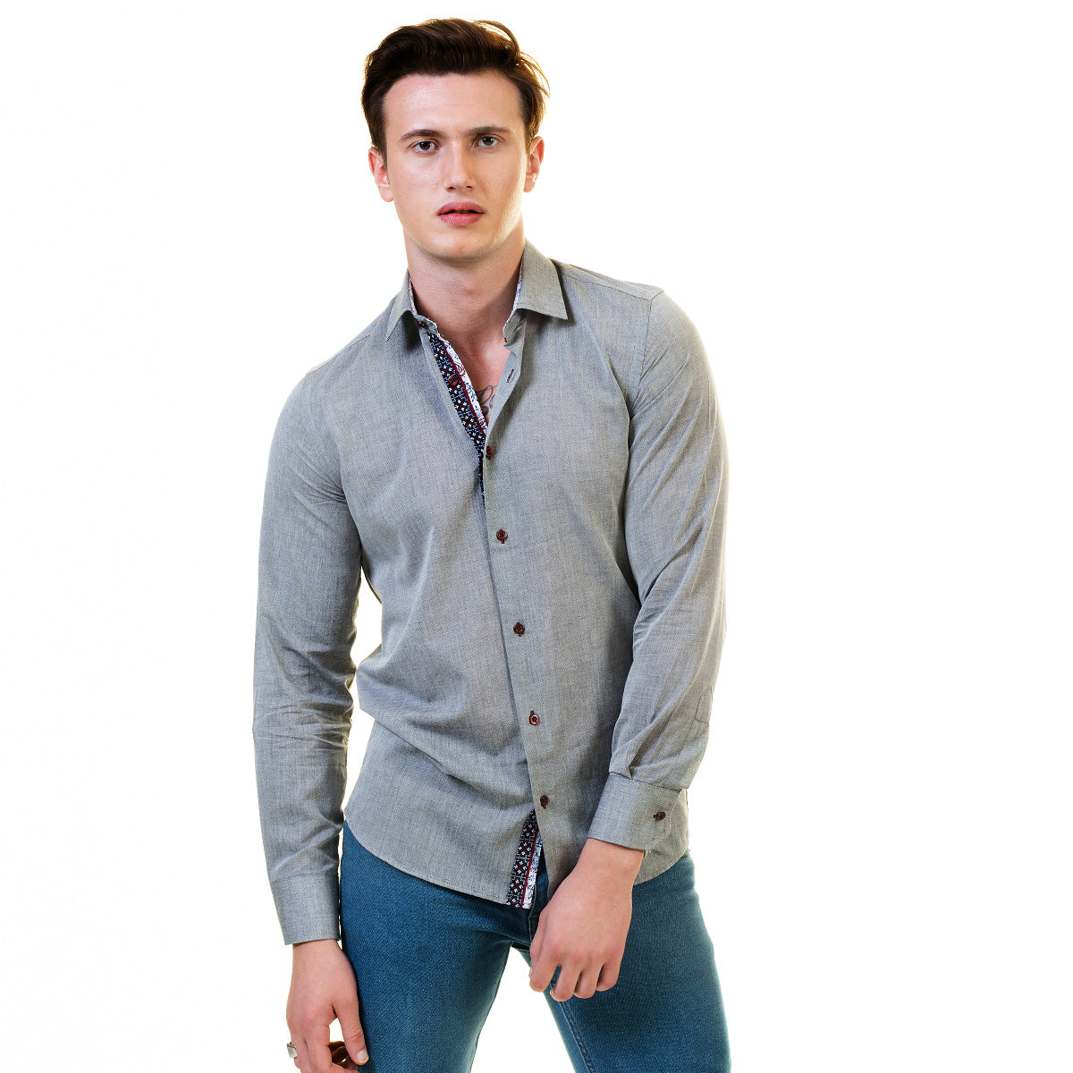 Pastel Grey Mens Slim Fit Designer Dress Shirt - Tailored Cotton