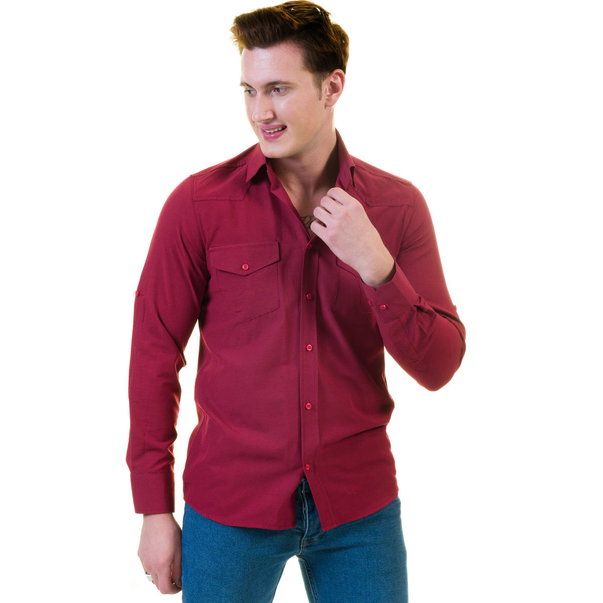 Dark Maroon Mens Slim Fit Designer Dress Shirt - tailored Cotton