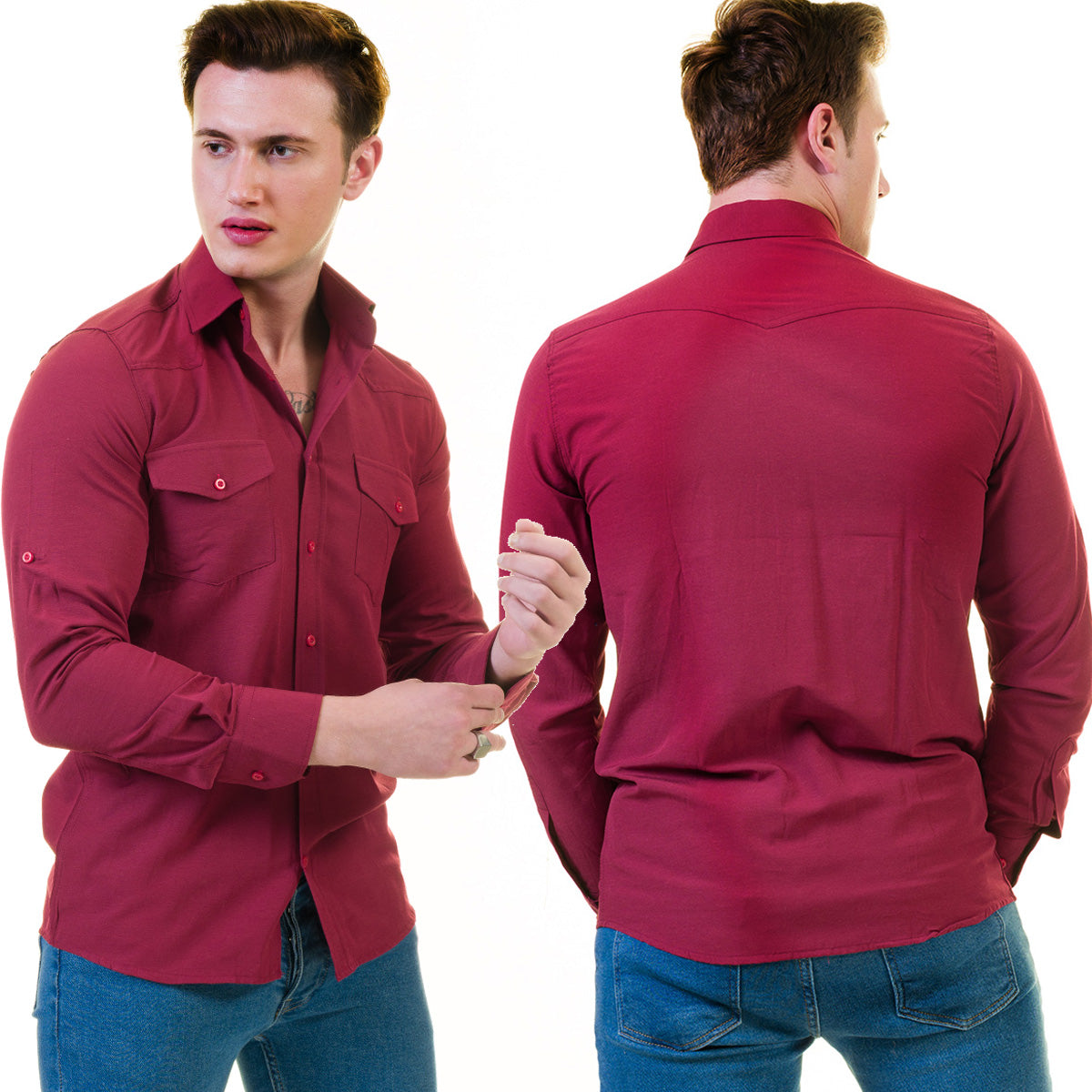 Dark Maroon Mens Slim Fit Designer Dress Shirt - tailored Cotton