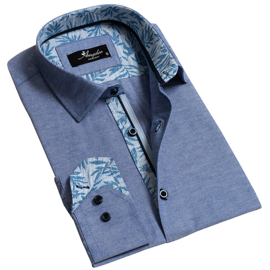 Blue Mens Slim Fit Designer Dress Shirt - Tailored Cotton Shirts For