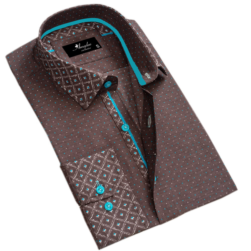 Chocolate Brown and Turqouise Blue Mens Slim Fit Designer Dress Shirt