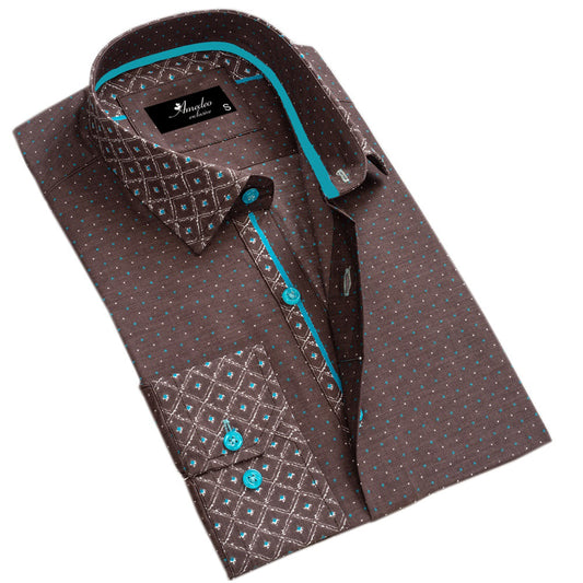 Chocolate Brown and Turqouise Blue Mens Slim Fit Designer Dress Shirt