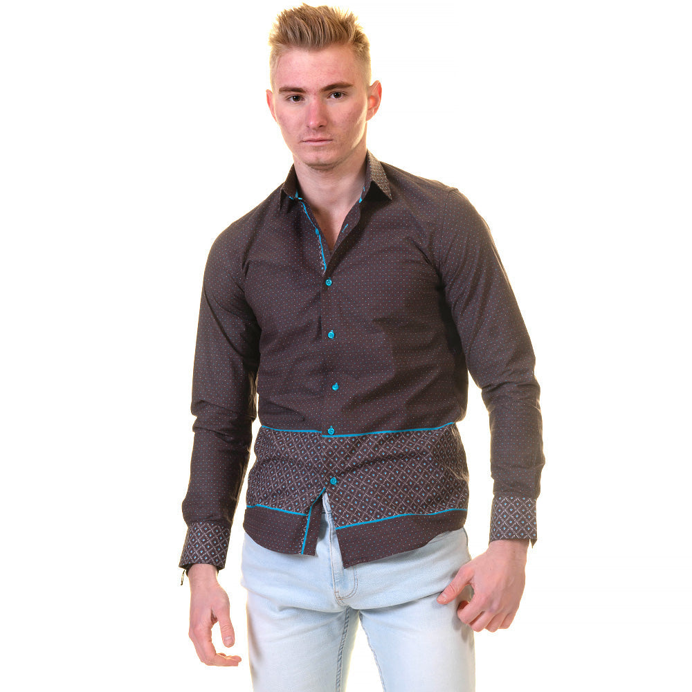 Chocolate Brown and Turqouise Blue Mens Slim Fit Designer Dress Shirt