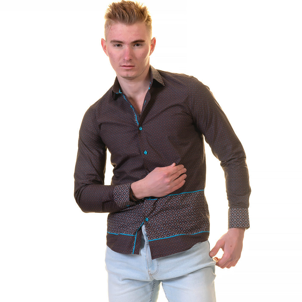 Chocolate Brown and Turqouise Blue Mens Slim Fit Designer Dress Shirt