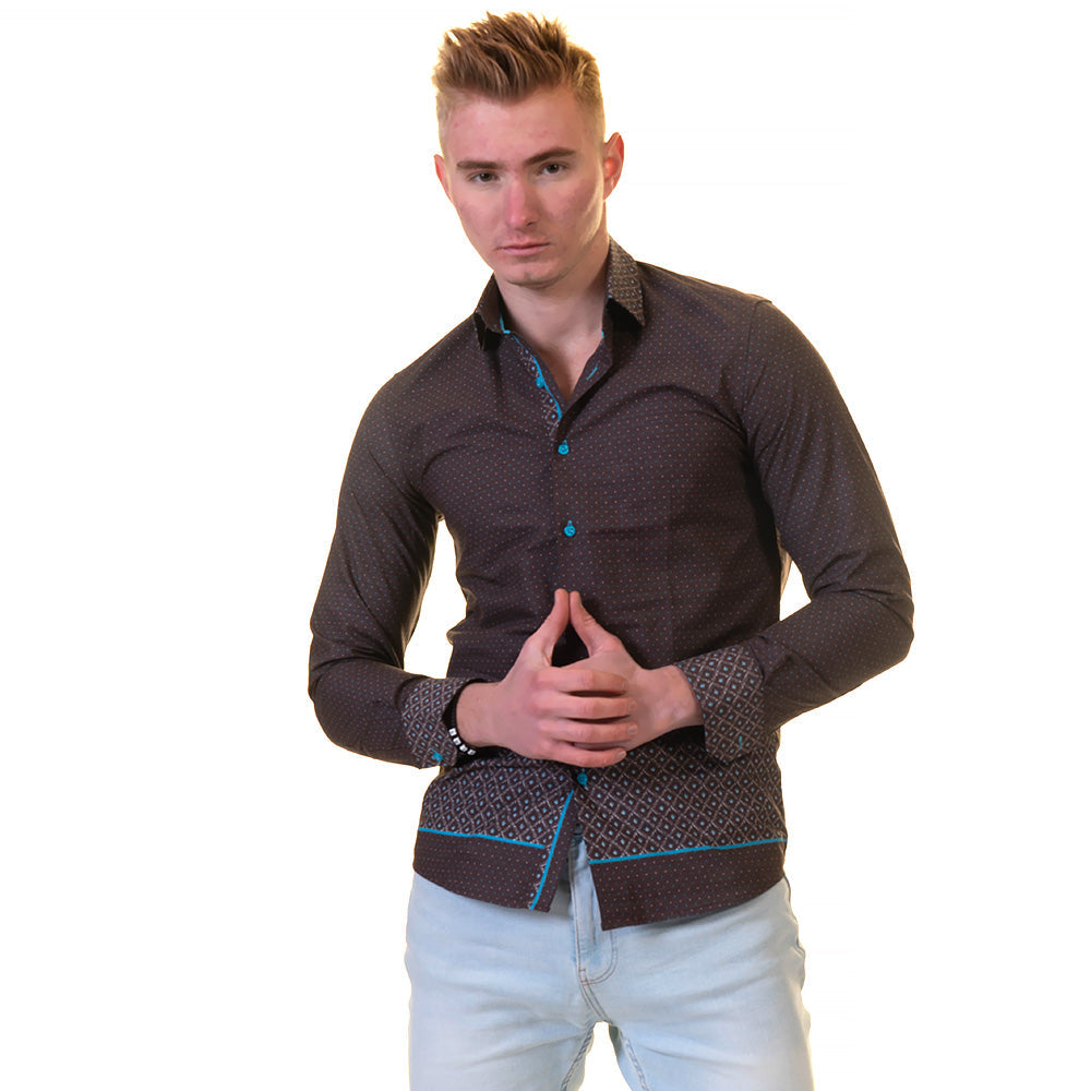 Chocolate Brown and Turqouise Blue Mens Slim Fit Designer Dress Shirt