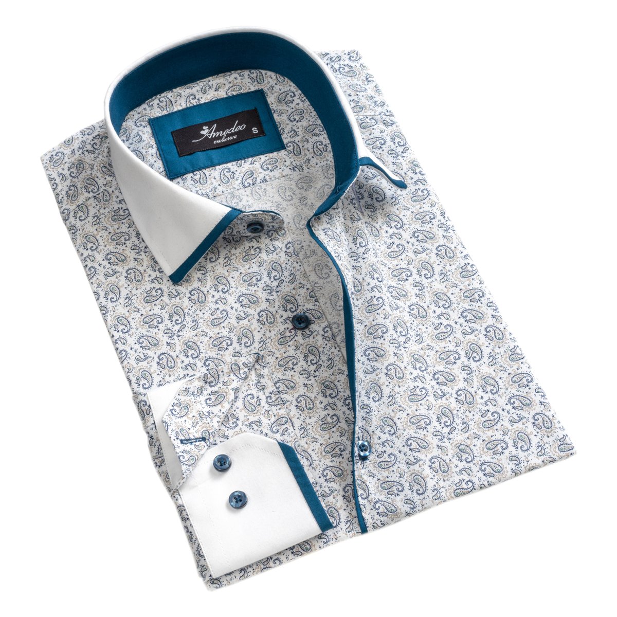 White Blue Paisley Mens Slim Fit Designer Dress Shirt - tailored