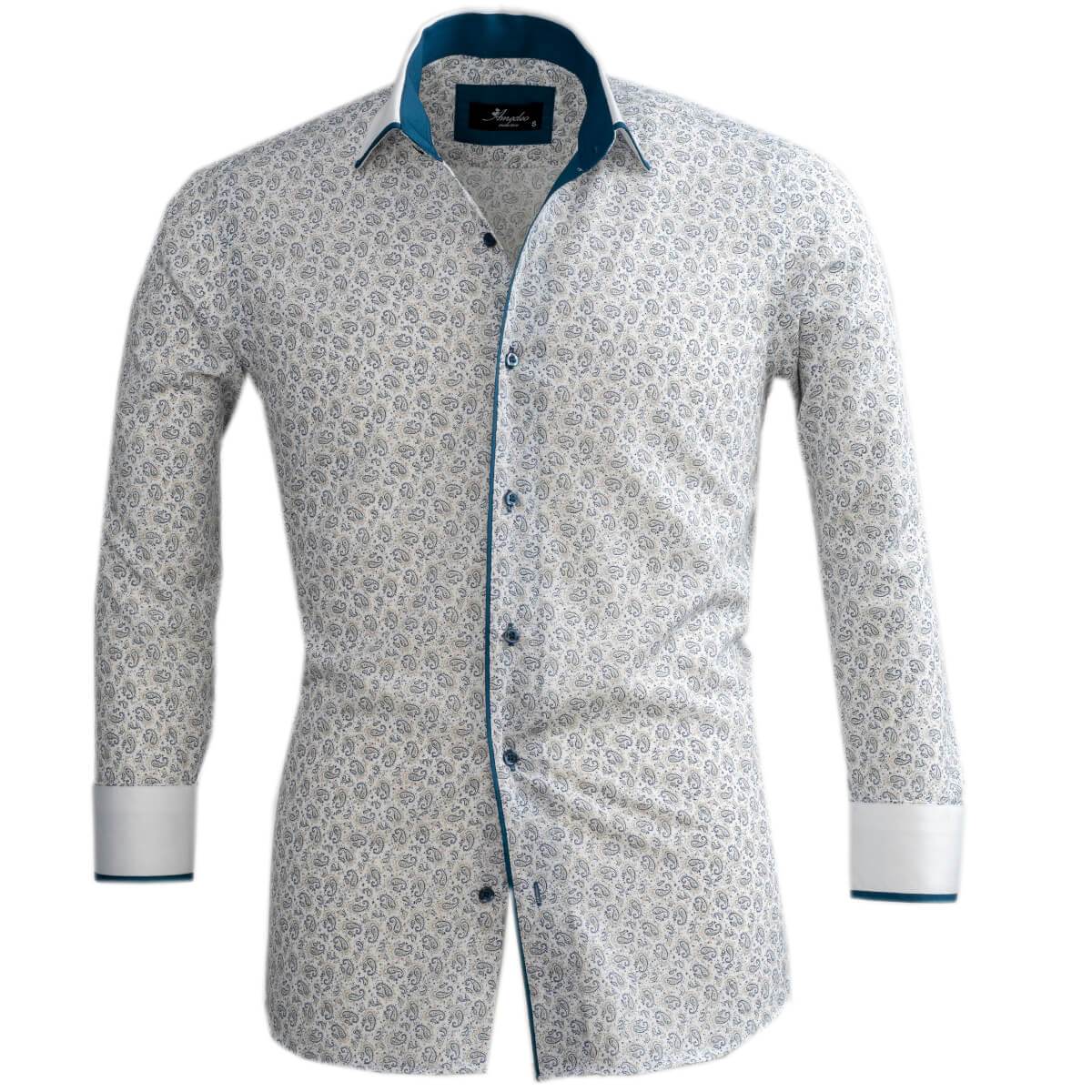 White Blue Paisley Mens Slim Fit Designer Dress Shirt - tailored