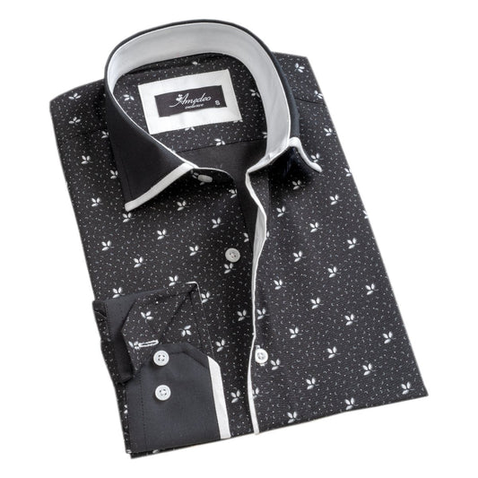 Black White Floral Mens Slim Fit Designer French Cuff Shirt - tailored