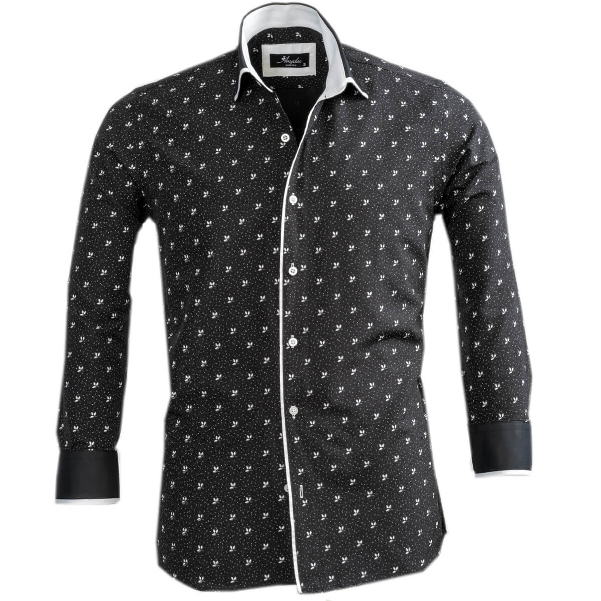 Black White Floral Mens Slim Fit Designer French Cuff Shirt - tailored