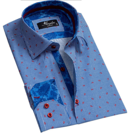 Striped Blue & White Mens Slim Fit Designer Dress Shirt - tailored