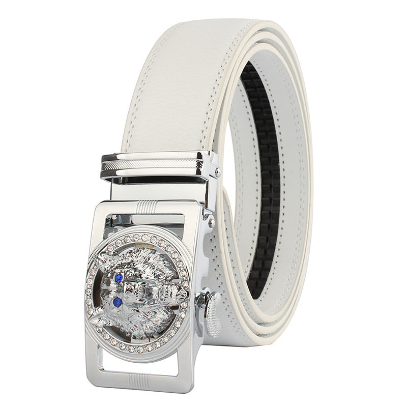 White Mens Adjustable Ratchet Slide Buckle Belt - Genuine Leather
