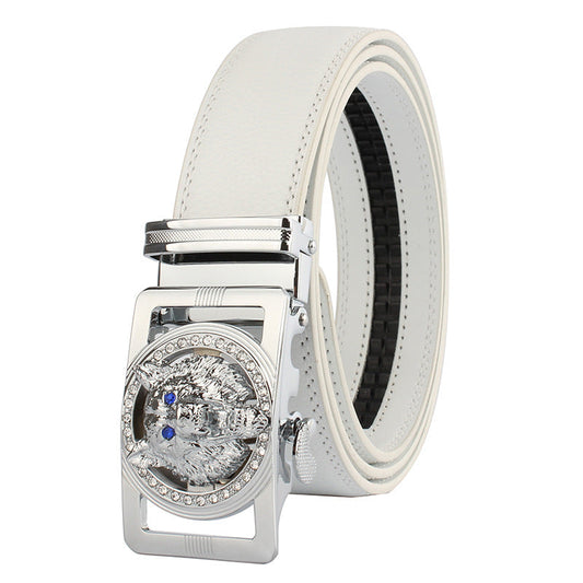 White Mens Adjustable Ratchet Slide Buckle Belt - Genuine Leather