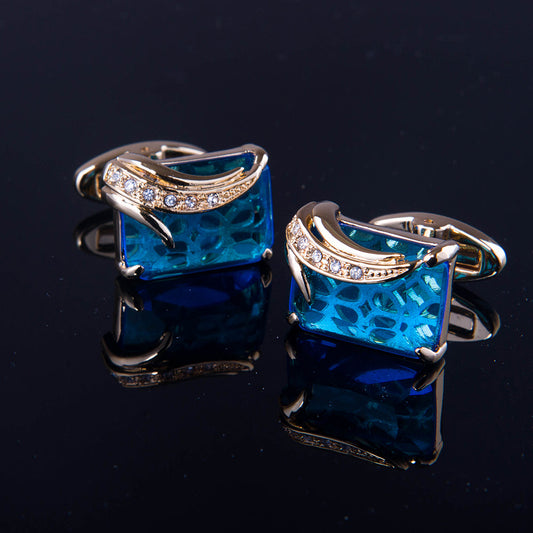 Gold + Light Blue Mens Stainless Steel Squares Cufflinks for Shirt