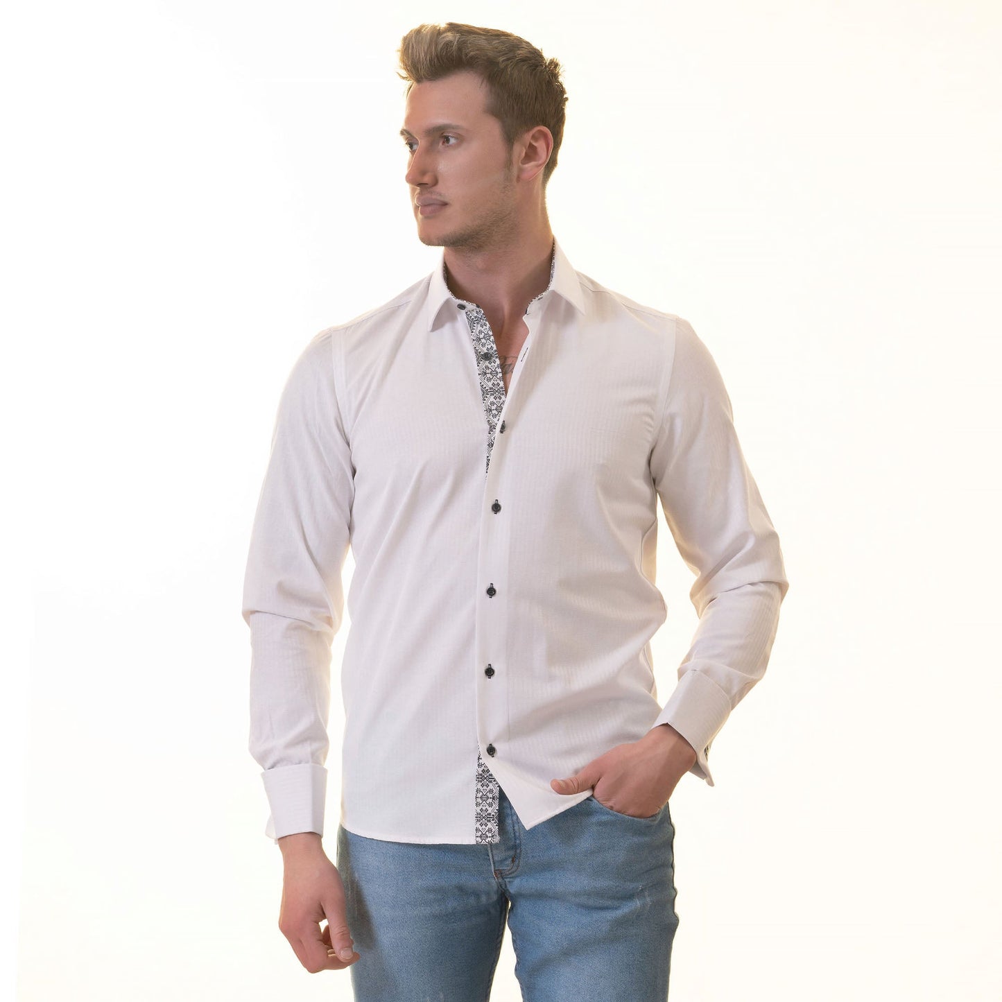 White inside Black Designer Double Cuff Shirt Mens Slim Fit Designer