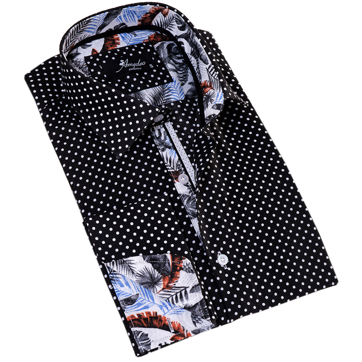 White Black Polka Dot inside Tropical Mens Slim Fit Designer French