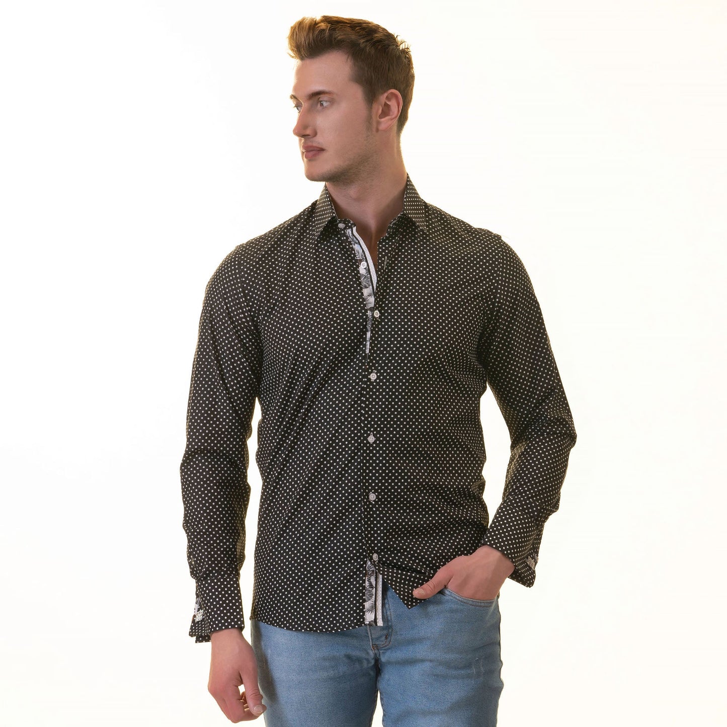 White Black Polka Dot inside Tropical Mens Slim Fit Designer French