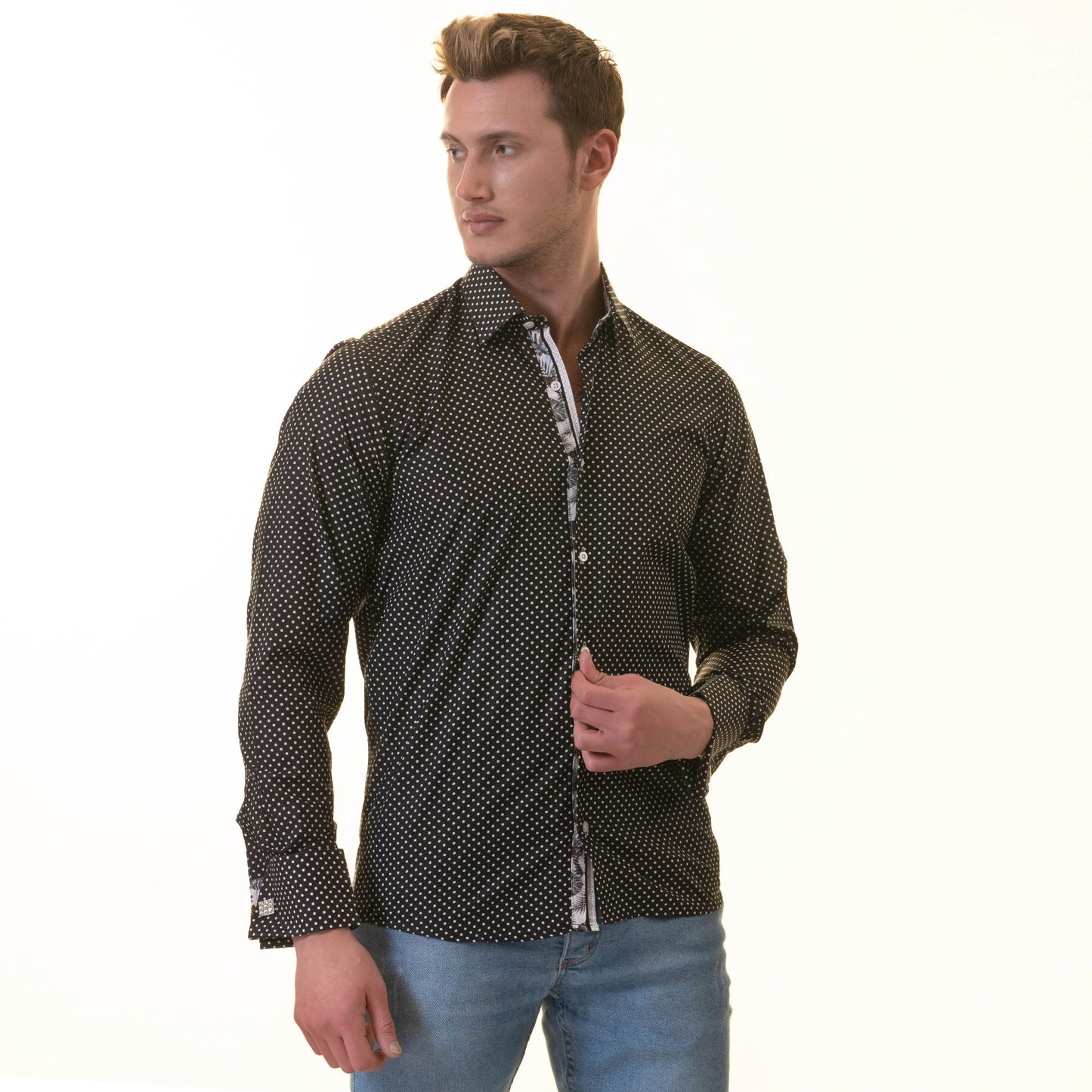 White Black Polka Dot inside Tropical Mens Slim Fit Designer French