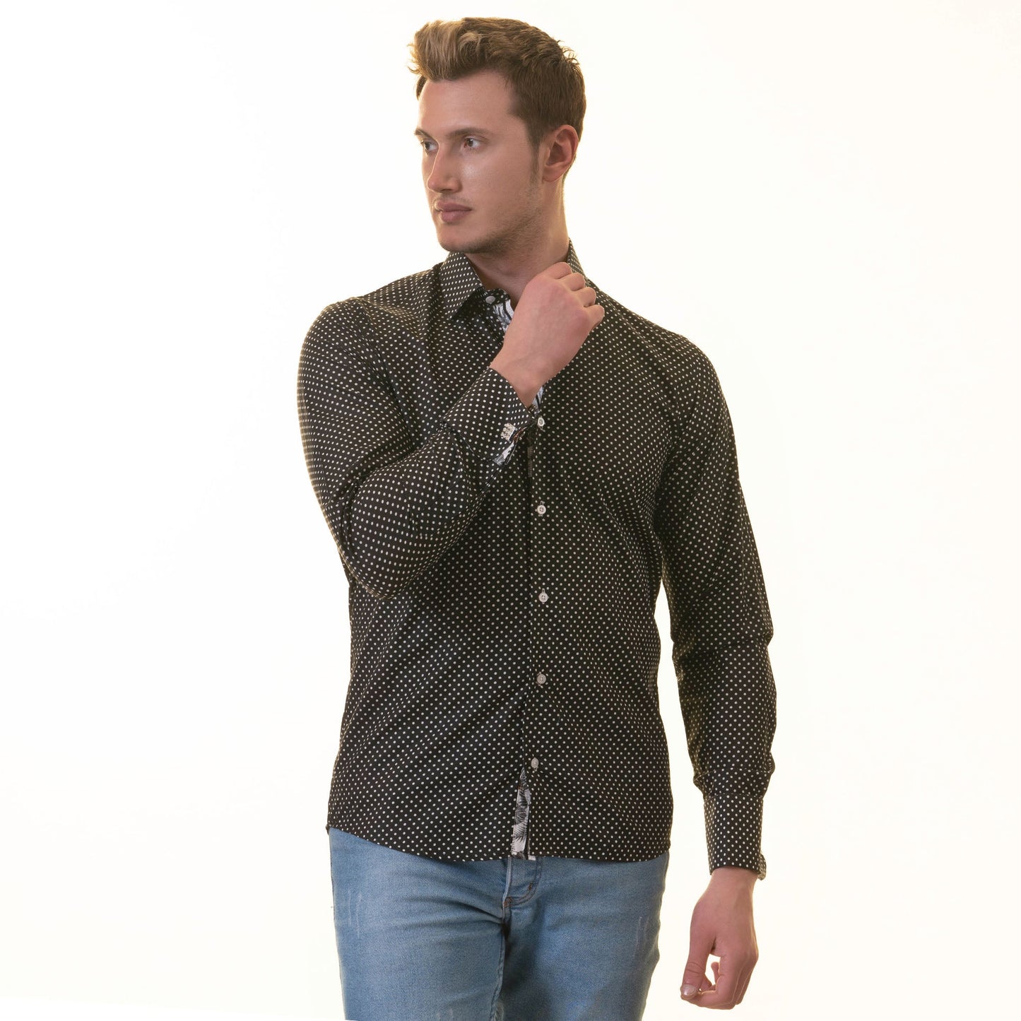 White Black Polka Dot inside Tropical Mens Slim Fit Designer French