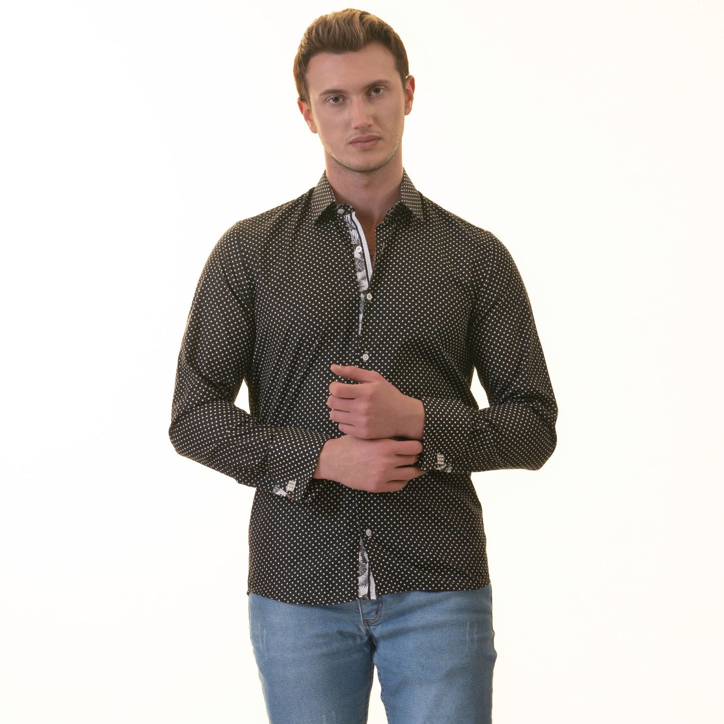 White Black Polka Dot inside Tropical Mens Slim Fit Designer French