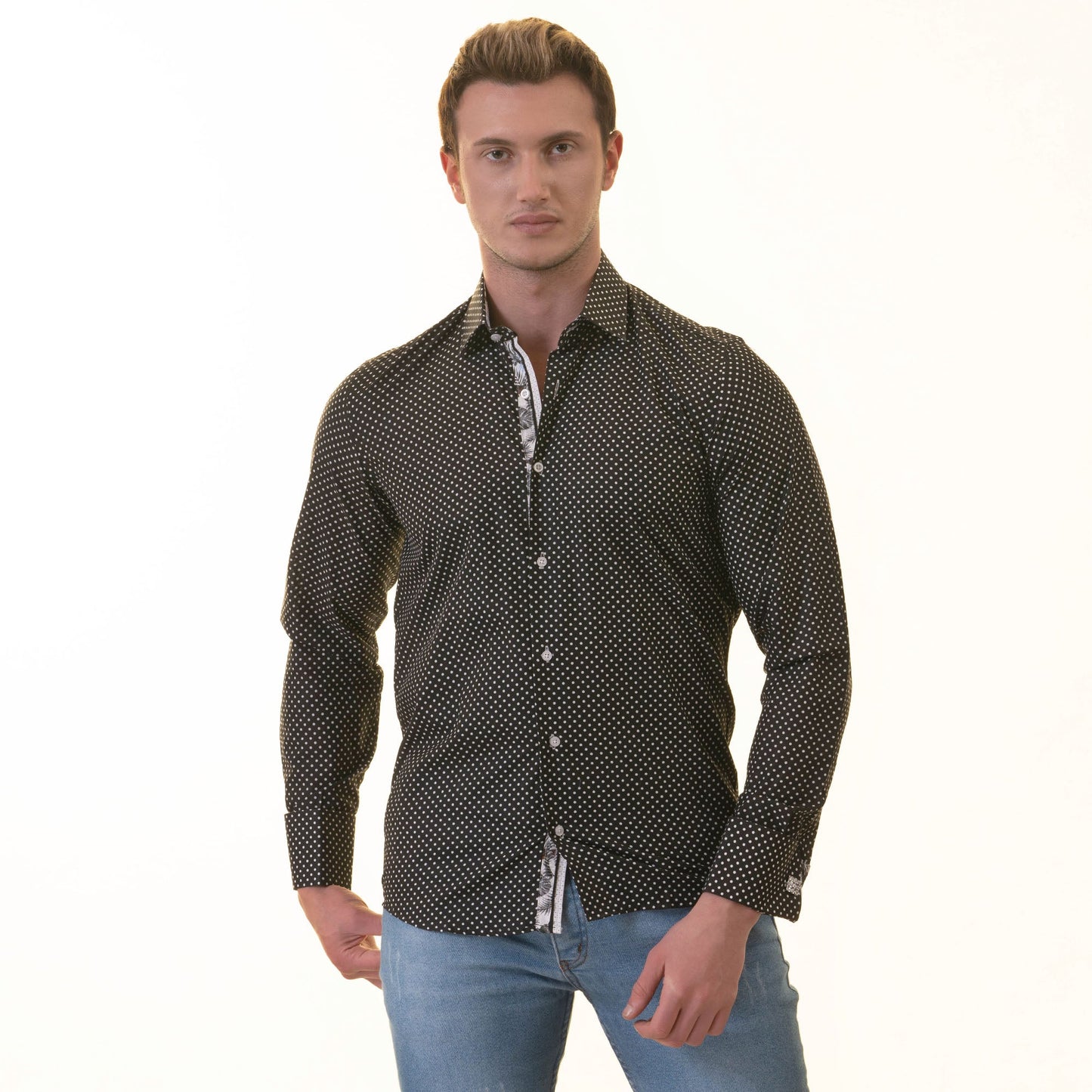White Black Polka Dot inside Tropical Mens Slim Fit Designer French